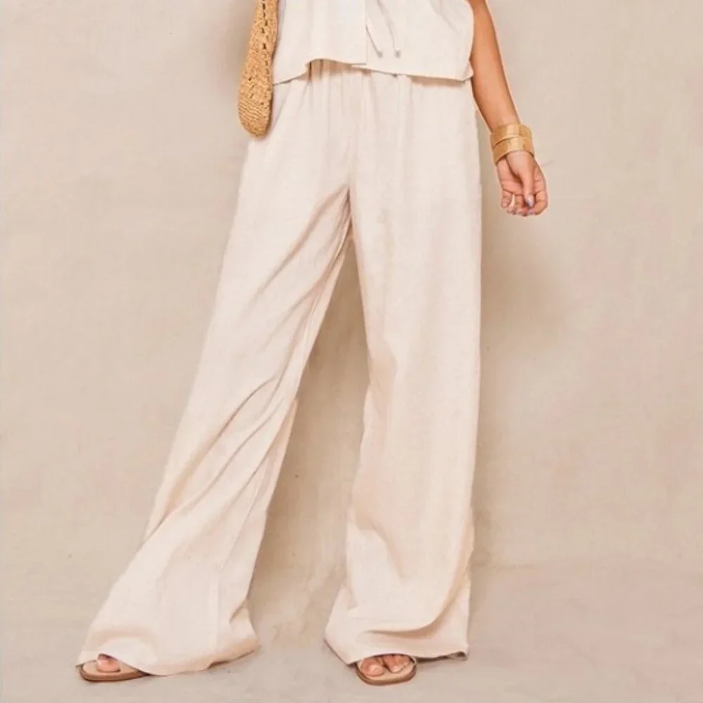 NWT Pretty Little Thing Stone Linen Wide Leg Trouser - Size 6 - Picture 1 of 2